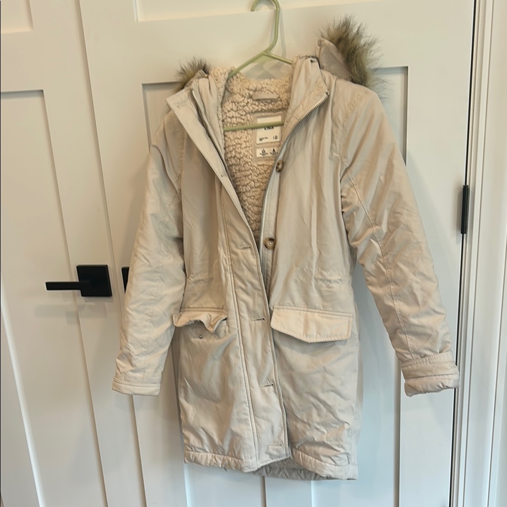 Cream Hooded Parka with Faux Fur Trim